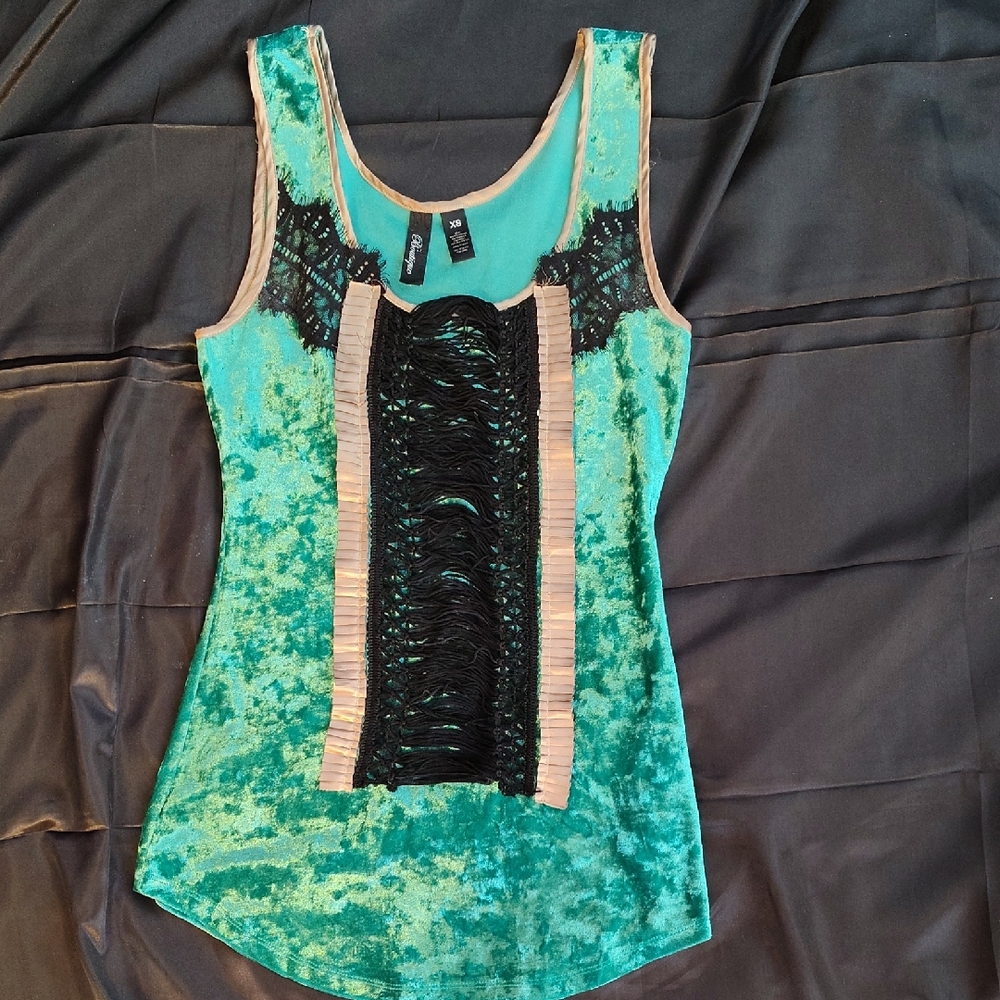 Green Velvet Sleeveless Tank with Black Lace Trim